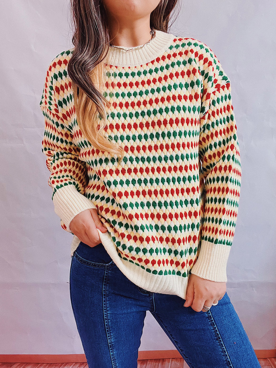 Damen lässiger Strickpullover mit buntem Rautenmuster und Rundhalsausschnitt EB
