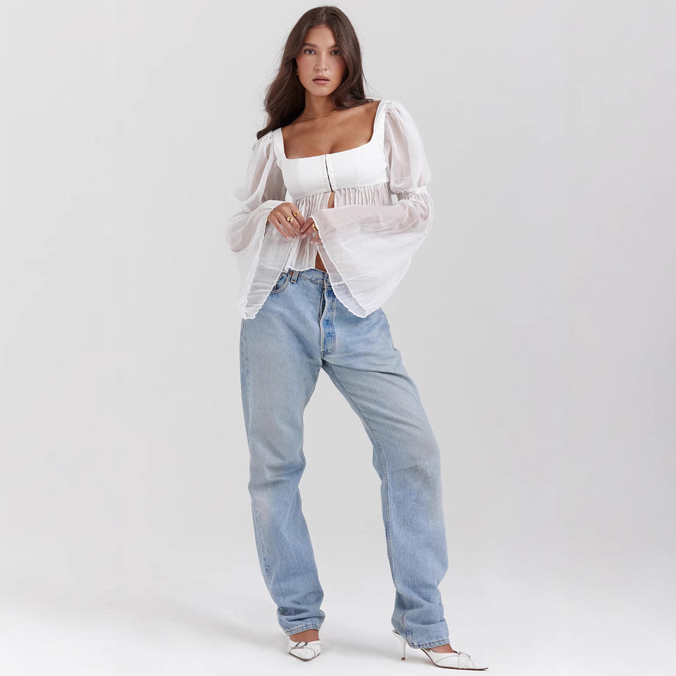 Damen Cropped Bluse mit Puffärmeln EB