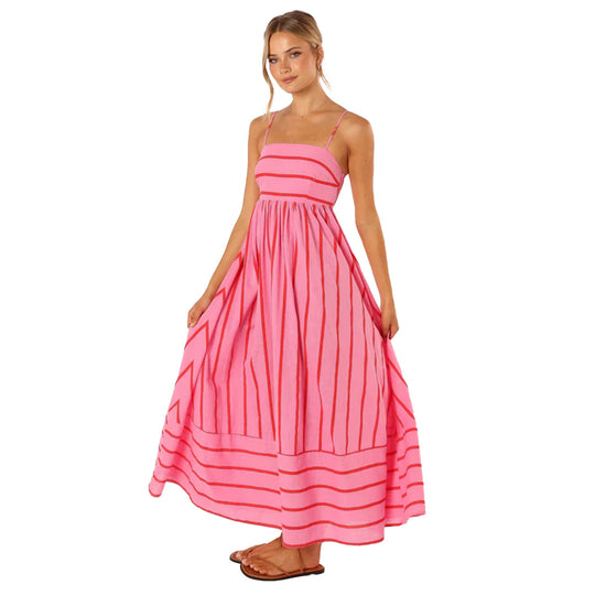 Damen Maxi-Kleid mit schmalen Spaghettiträgern und eleganten Querstreifen EB