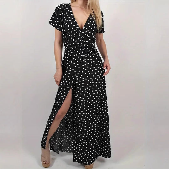 Damen Maxikleid mit Polka-Dots und verstellbarem Taillengürtel EB