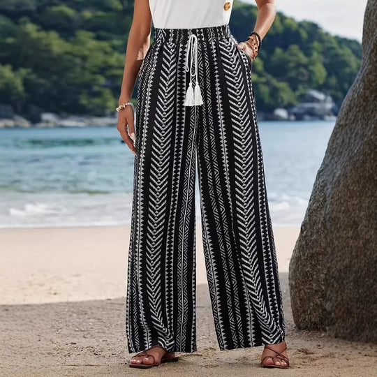 Damen breite Palazzohose mit elastischem Bund und modischem Muster EB
