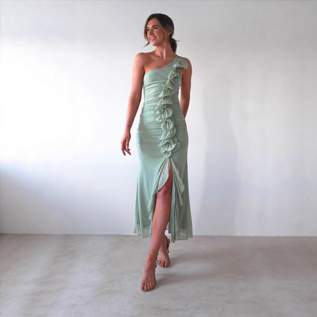 Damen Elegantes Rüschen-Maxi-Kleid im Stile einer Seite mit hohem Schlitz EB