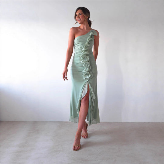 Damen Elegantes Rüschen-Maxi-Kleid im Stile einer Seite mit hohem Schlitz EB