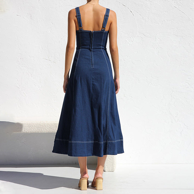 Damen langes Jeanskleid mit Knopfleiste und praktischen Taschen EB
