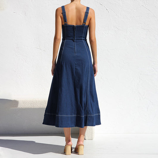 Damen langes Jeanskleid mit Knopfleiste und praktischen Taschen EB