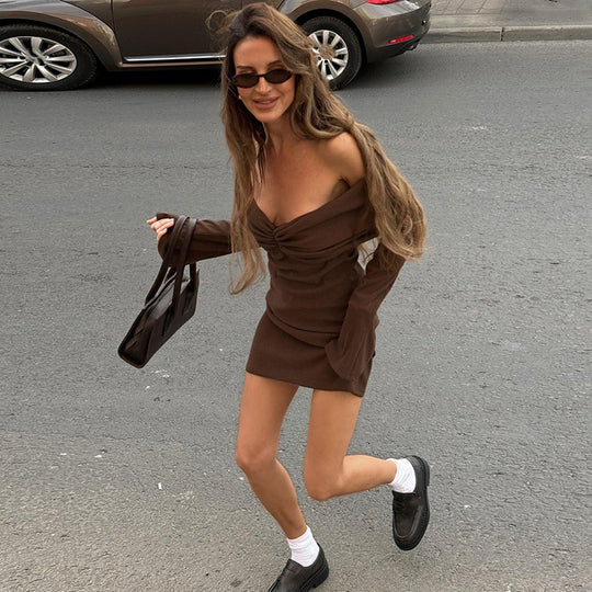 Damen Figurbetontes Minikleid mit schulterfreiem Design und Raffungen EB