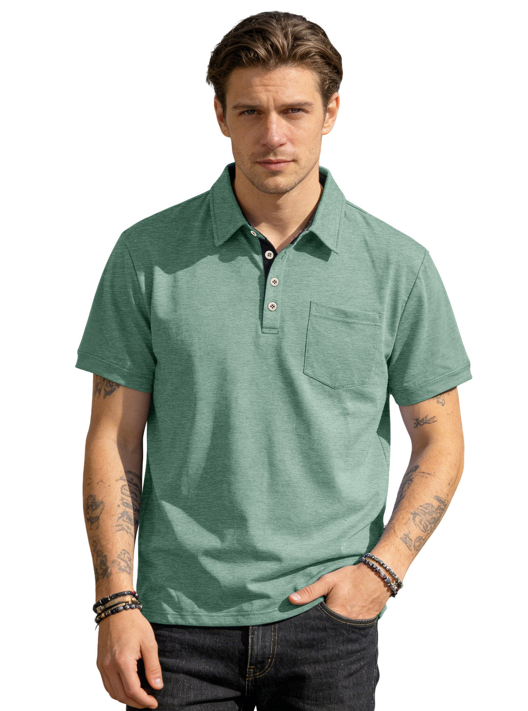 Herren nan Kurzarm-Polokragen-Shirt aus texturiertem Jersey mit Brusttasche und kontrastierter Knopfleiste EB