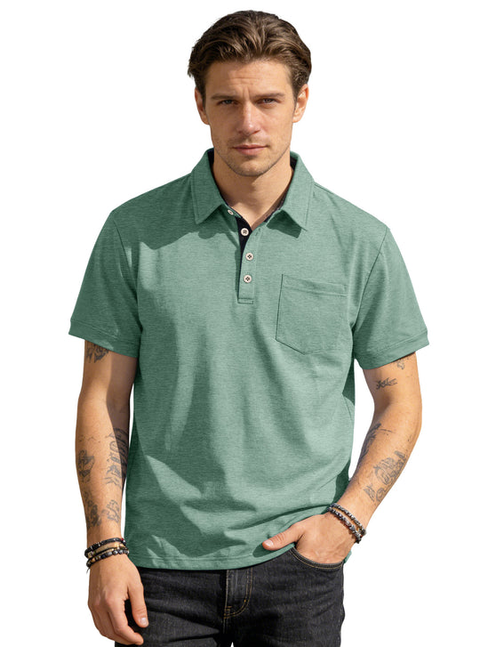 Herren nan Kurzarm-Polokragen-Shirt aus texturiertem Jersey mit Brusttasche und kontrastierter Knopfleiste EB