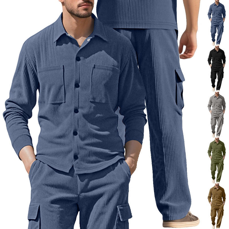 Herren nan geripptes Worker-Hemd mit Brusttaschen und entspannter Cargohose EB