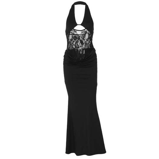 Damen Elegantes Maxikleid mit Halterneck, Spitzenverzierung und figurbetontem Schnitt EB