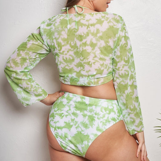 Damen Crop Top Bikini-Set mit langärmligem Oberteil und hochgeschnittenem Höschen EB