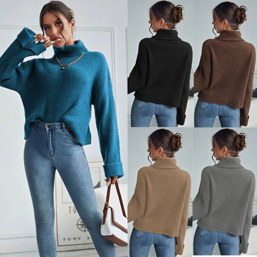 Damen Grober Strickpullover mit hohem Kragen und lässigem Fit EB