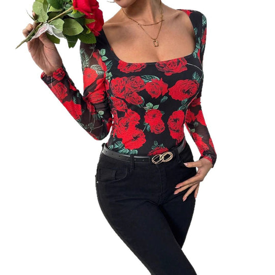 Damen nan figurnahes Stretchshirt mit quadratischem Ausschnitt, feiner Meshstruktur und großflächigem Rosenprint EB