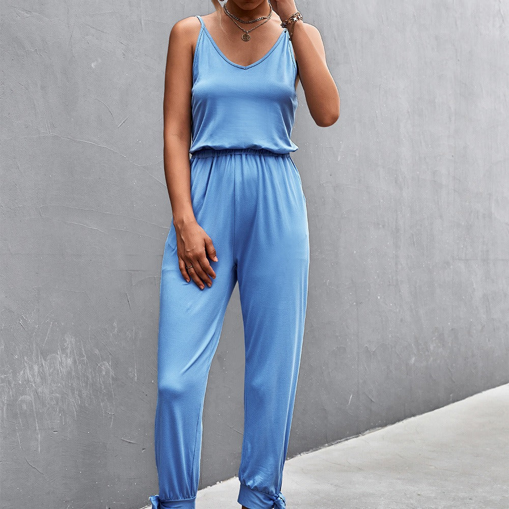 Damen Lässiger Jumpsuit mit verstellbaren Spaghetti-Trägern und elastischem Bund EB