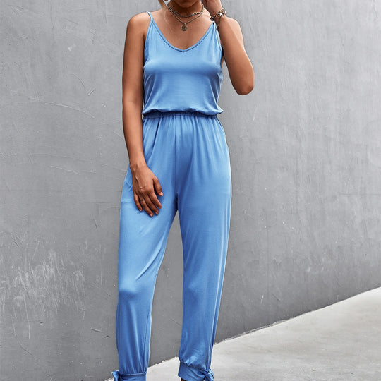 Damen Lässiger Jumpsuit mit verstellbaren Spaghetti-Trägern und elastischem Bund EB