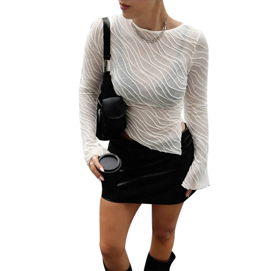 Damen Elegantes Langarm Transparenttop mit strukturiertem Design EB