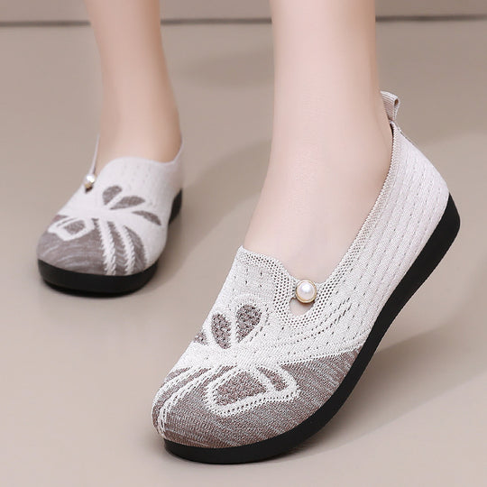 Damen Bequeme Slipper mit dekorativem Strickmuster und Perlenverzierung EB