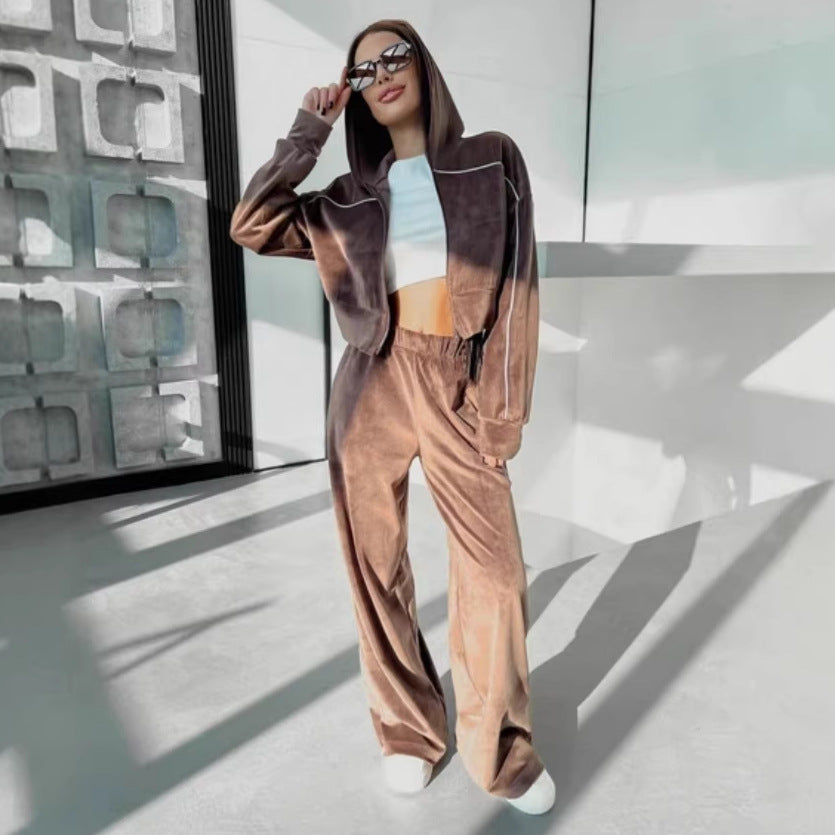 Damen Crop-Zip-Samtjacke und weite High-Waist Palazzo-Sweathose Set EB