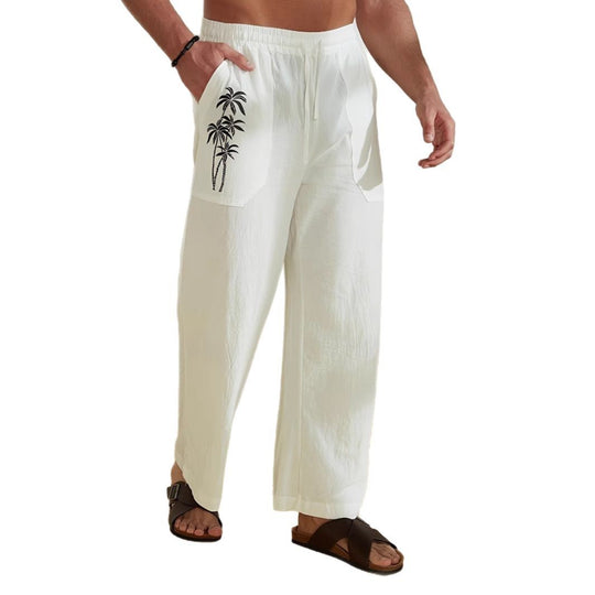 Herren lässige Leinen-Relax-Hose mit palmenmotivierten Taschen EB