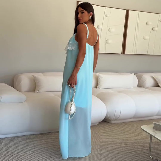 Damen Maxi-Nachtkleid mit zartem Spitzenbesatz und feinen Trägern EB