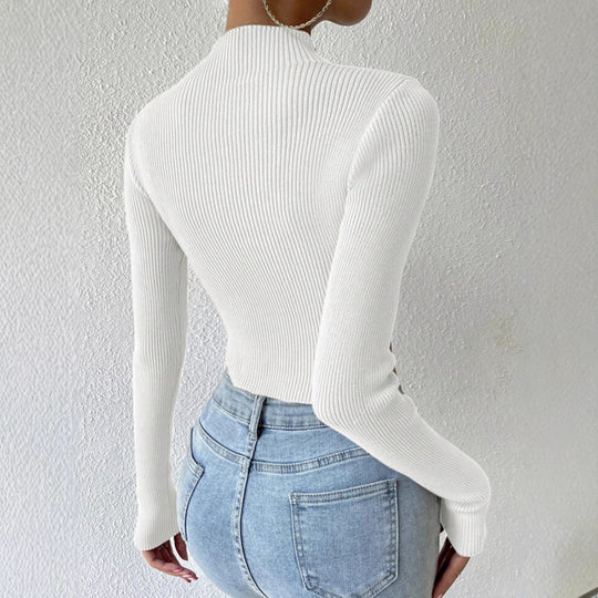 Damen Gerippter Cropped Feinstrickpullover mit Stehkragen EB