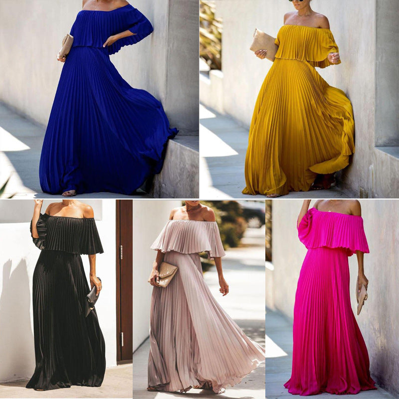 Damen Maxikleid mit asymmetrischem Plisseefall und schulterfreiem Design EB