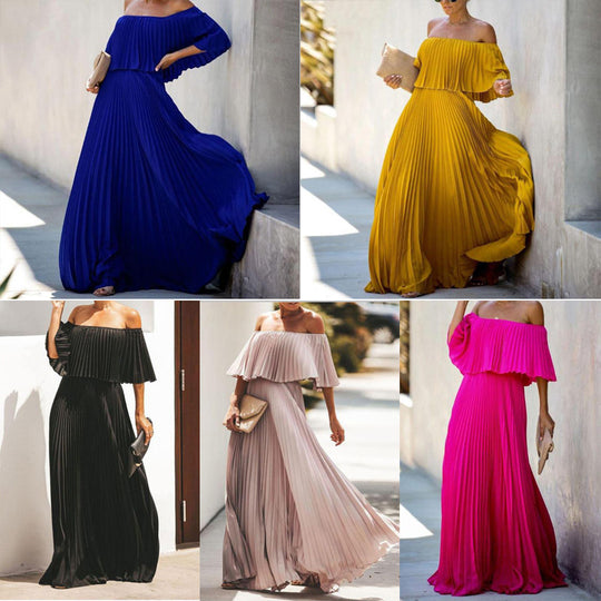 Damen Maxikleid mit asymmetrischem Plisseefall und schulterfreiem Design EB