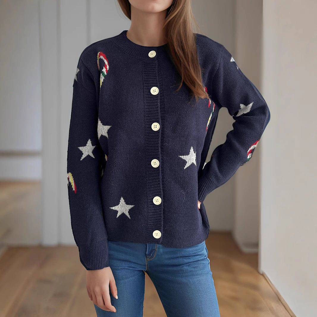 Damen Strickjacke mit festlichem Motiv und dekorativen Knöpfen EB