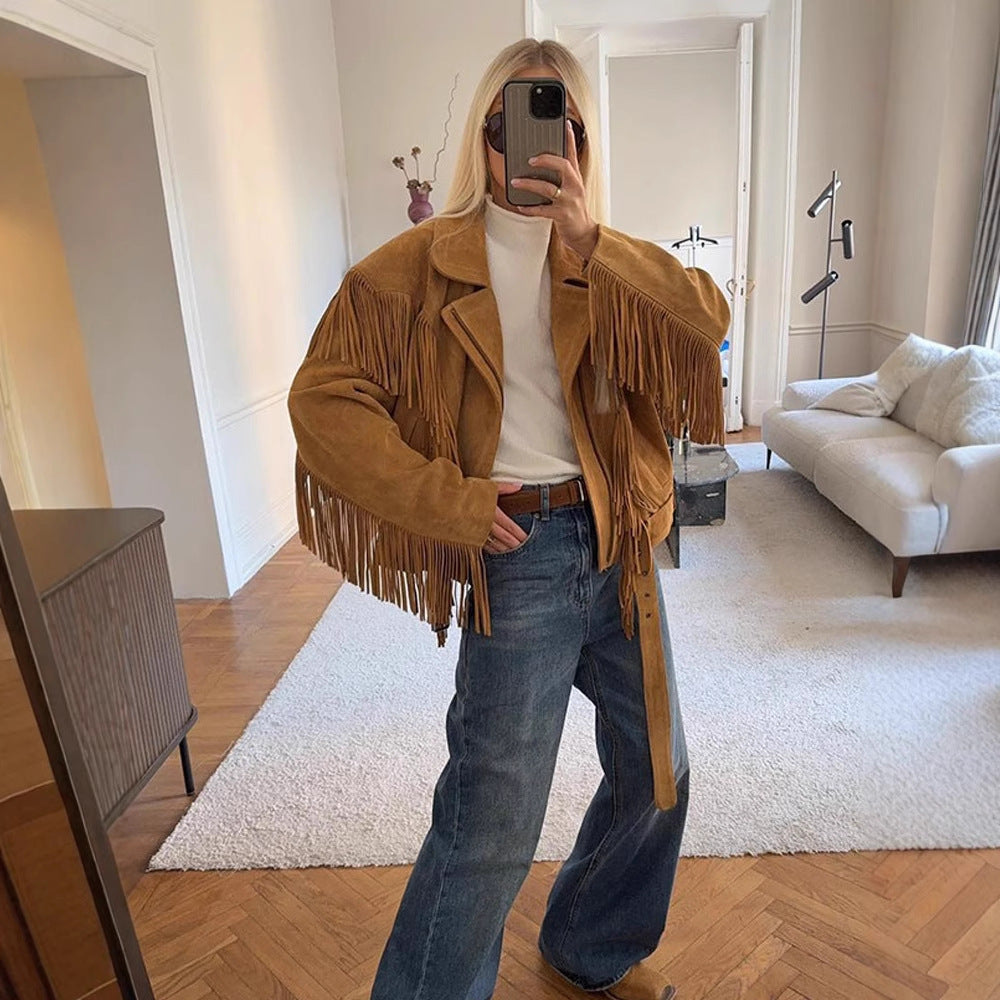 Damen Wildlederjacke mit fransigen Details und taillierbarem Gürtel EB