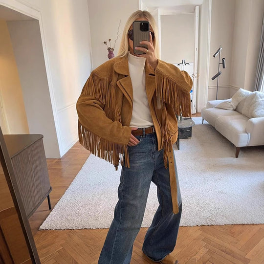 Damen Wildlederjacke mit fransigen Details und taillierbarem Gürtel EB