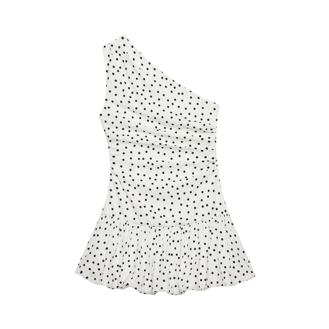Damen Polka-Dots Minikleid mit asymmetrischem Ausschnitt EB