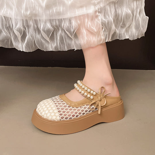 Damen Komfortable und elegante Mules mit Perlverzierung und atmungsaktivem Obermaterial EB