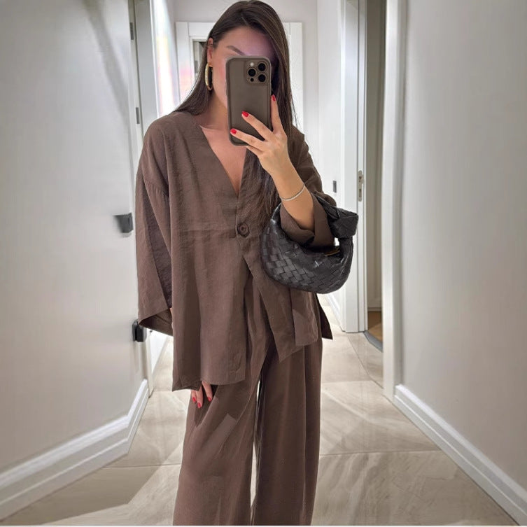 Damen Set aus eleganter Bluse mit V-Ausschnitt und weit geschnittenen Palazzo-Hosen EB