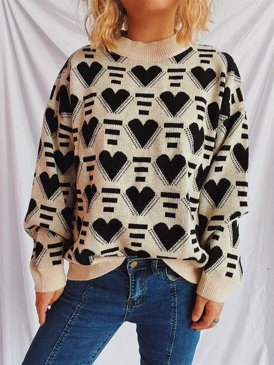 Damen gestrickter Pullover im modernen Herzdesign mit weitem Schnitt EB