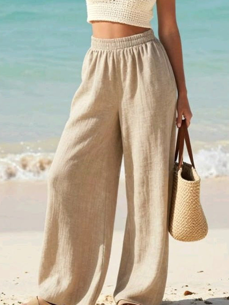 Damen Leichte Leinenhose mit weitem Bein und elastischem Bund EB