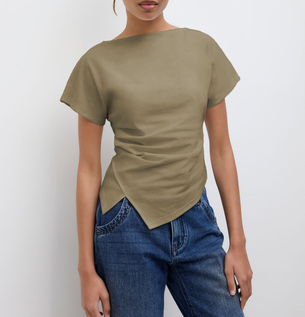Damen Cropped T-Shirt mit asymmetrischem Schnitt und dekorativem Drapierungseffekt EB