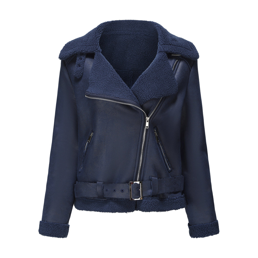 Damen nan taillierte Lammfellimitat-Fliegerjacke mit Gürtel und Teddyfutter EB