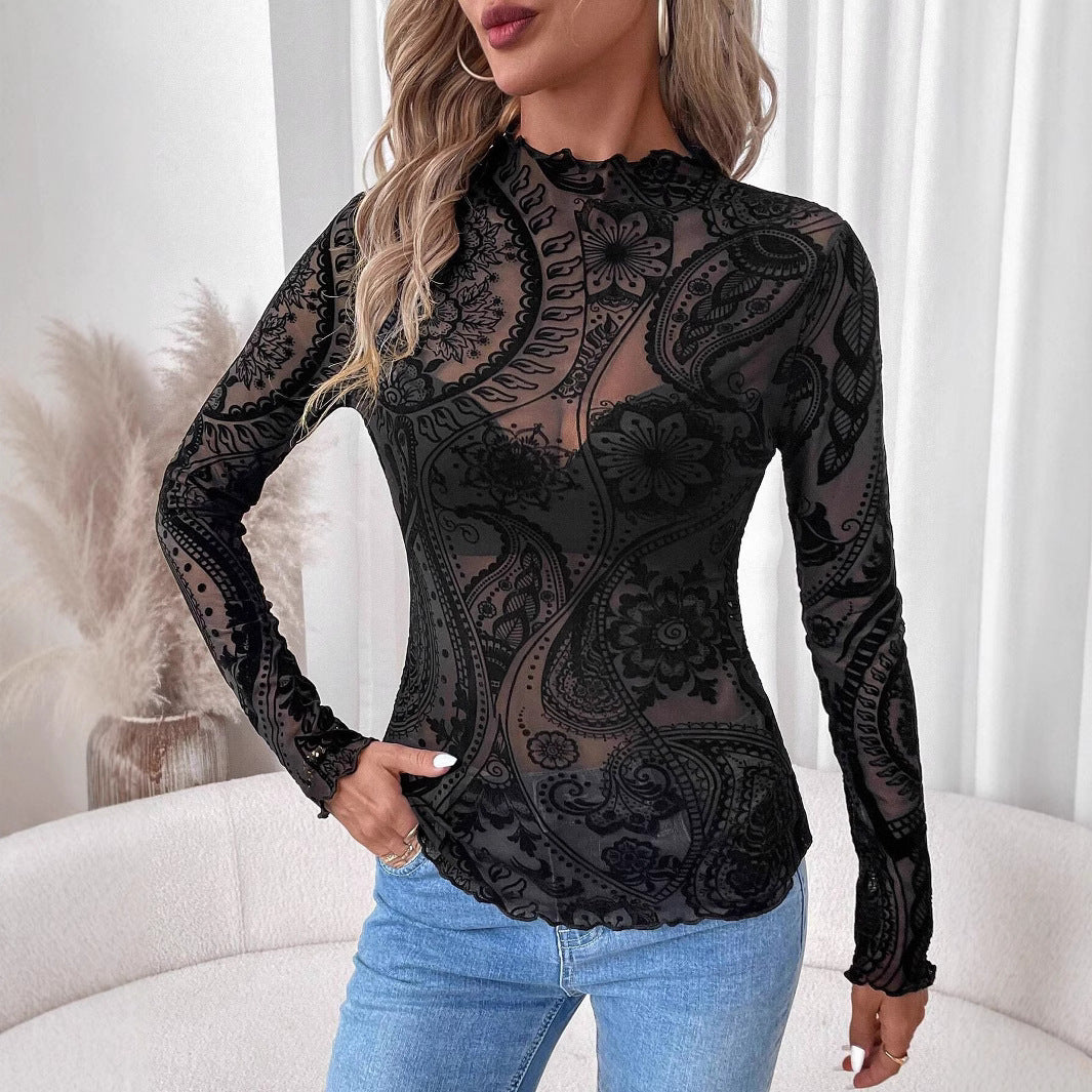 Damen Transparente Spitzenbluse mit floralem Muster und hohem Kragen EB