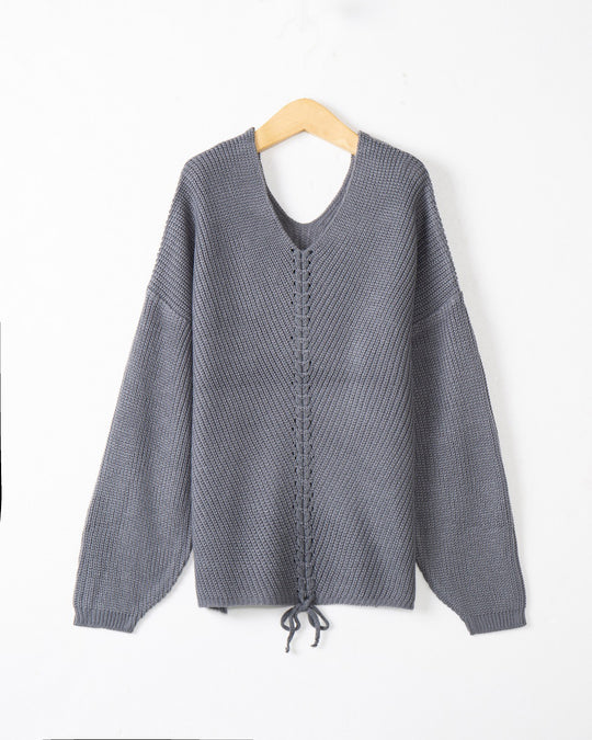 Damen Grobstrick Pullover mit attraktivem V-Ausschnitt und praktischen Kordeldetails EB