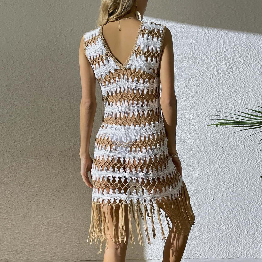 Damen Häkel-Strandkleid mit Fransen und V-Ausschnitt EB