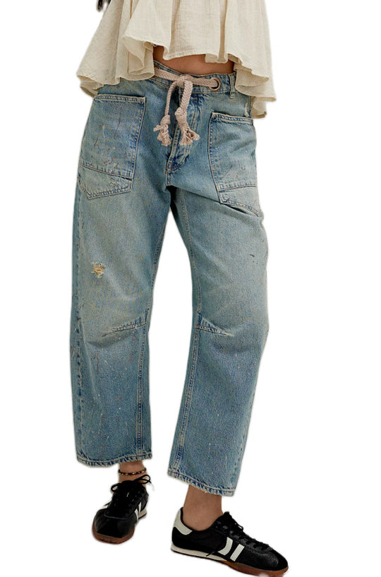 Damen nan hochgeschnittene Jeans im weiten Schnitt mit aufgesetzten Taschen und Kordelzug EB
