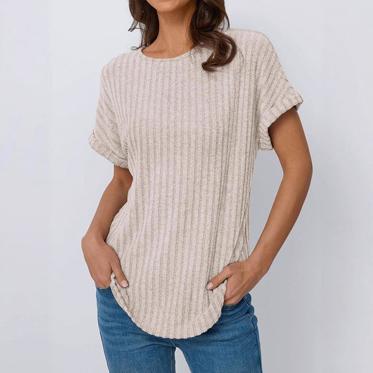 Damen lässiges T-Shirt im Ripp-Design mit umschlagenen Ärmeln EB