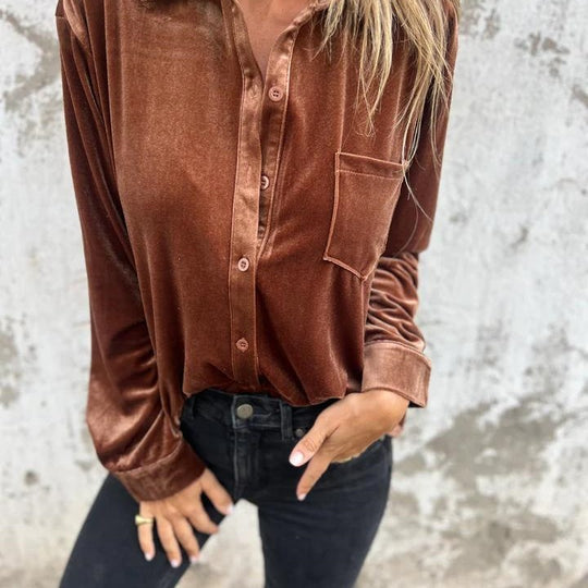 Damen Elegante Satinbluse mit klassischem Kragen und Brusttasche EB
