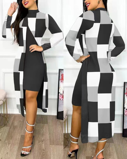 Damen elegantes Maxikleid mit asymmetrischem Schnitt und Grafischem Muster EB