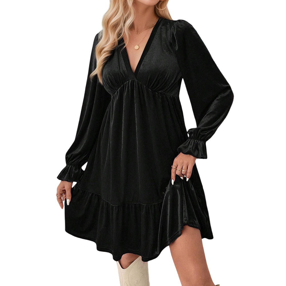 Damen samtiges A‑Linien‑Midikleid mit tiefem V‑Ausschnitt, gerafftem Bustier, Empire‑Passform und Volantstufen Eichborn Berlin