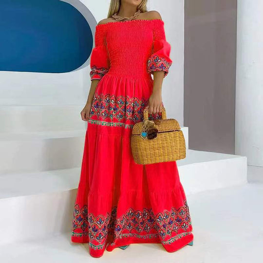 Damen Boho-Maxikleid mit schulterfreiem Design und verspieltem Stickereidetail EB
