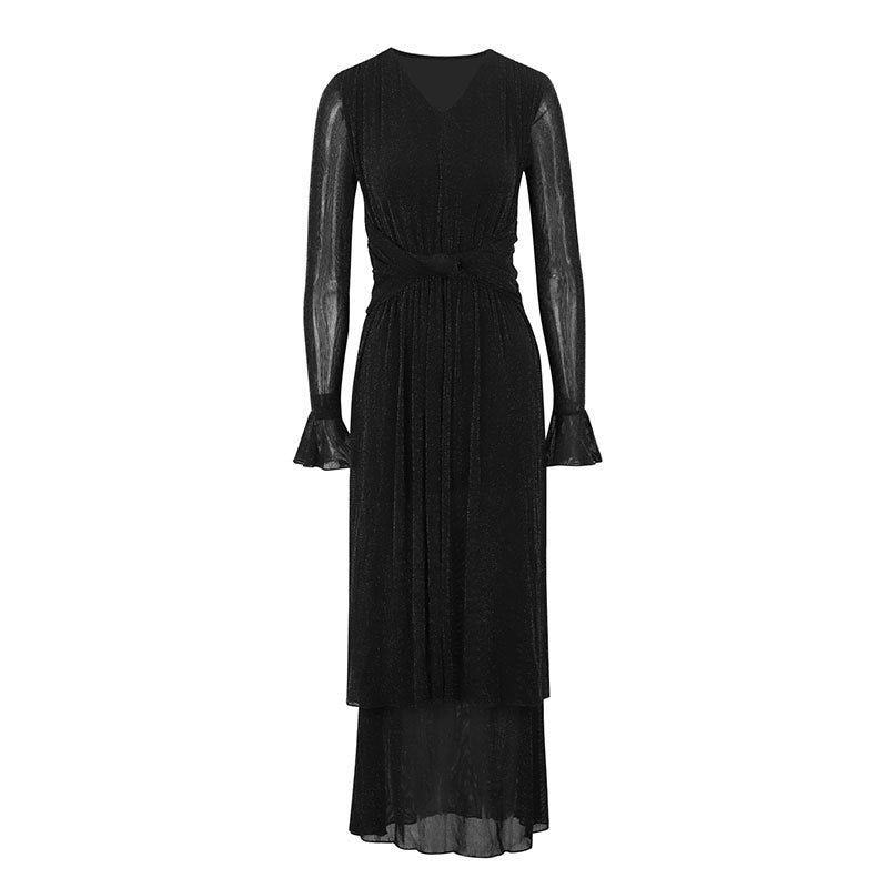 Damen Glamouröses Abendkleid mit filigranen Ärmeln und schimmerndem Effekt EB