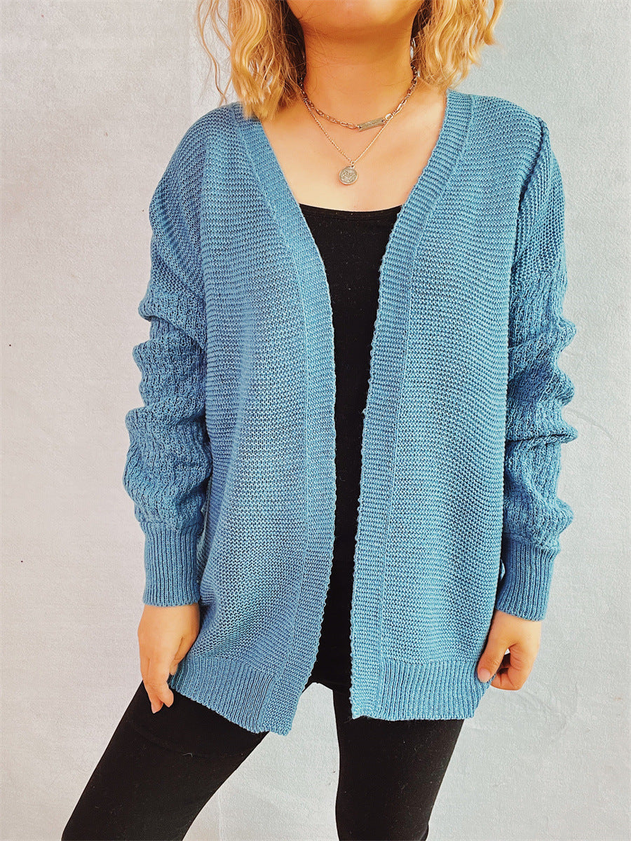 Damen lässige Strickjacke mit voluminösen Ärmeln und modernem Strukturmuster EB