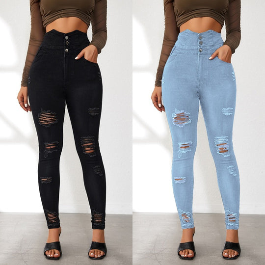 Damen Hochtaillierte Skinny Jeans mit modischen Rissen und eleganter Knopfleiste EB
