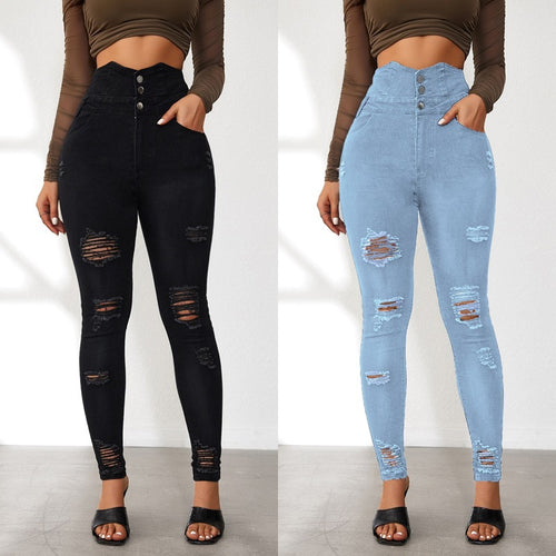Damen Hochtaillierte Skinny Jeans mit modischen Rissen und eleganter Knopfleiste EB